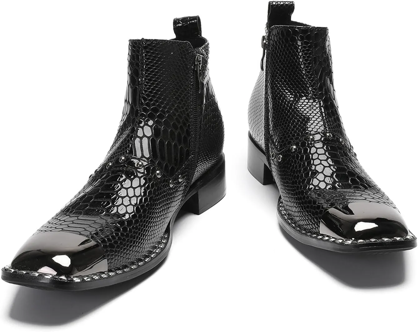 Santimon Men’s Dress Casual Ankle Chelsea Boots - Genuine Leather Snakeskin Texture Western Cowboy Boots with Metal Square Toe & Beads for Wedding, Party & Night Out