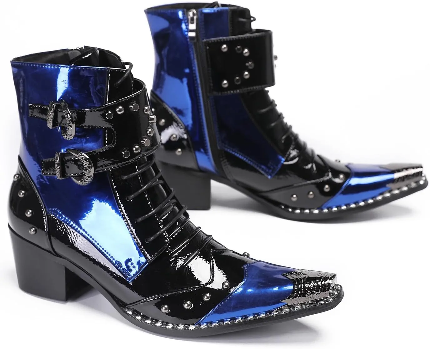 Santimon Men's Genuine Leather Cowboy Boots – Western Dress Boots with Metal Wingtip Toe & Buckle/Bead Details | Mid-Top Boots for Casual, Party & Motorcycle Wear | Rock, Prom & Ballroom Style
