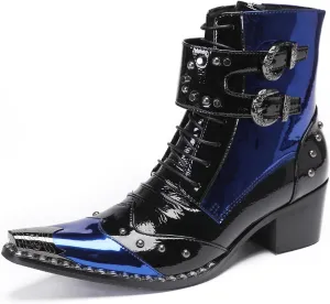 Santimon Men's Genuine Leather Cowboy Boots – Western Dress Boots with Metal Wingtip Toe & Buckle/Bead Details | Mid-Top Boots for Casual, Party & Motorcycle Wear | Rock, Prom & Ballroom Style