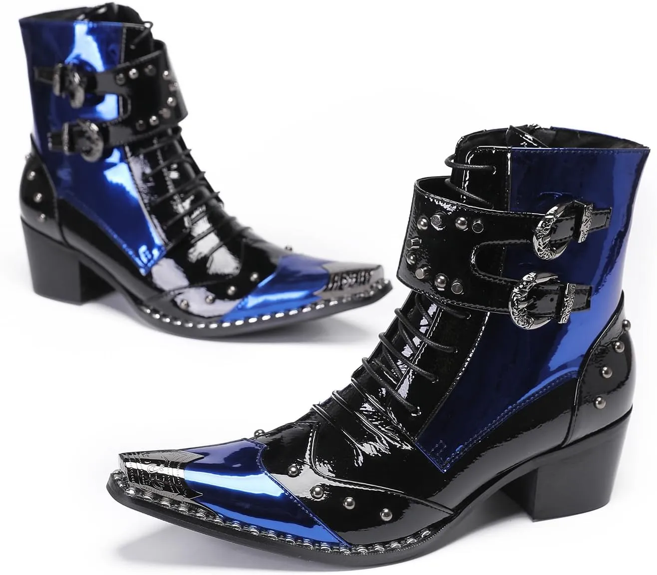 Santimon Men's Genuine Leather Cowboy Boots – Western Dress Boots with Metal Wingtip Toe & Buckle/Bead Details | Mid-Top Boots for Casual, Party & Motorcycle Wear | Rock, Prom & Ballroom Style