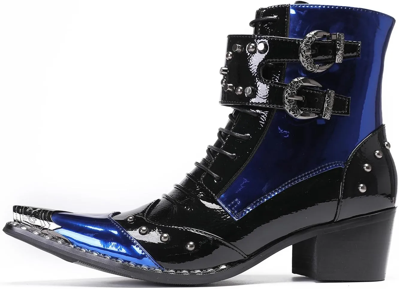 Santimon Men's Genuine Leather Cowboy Boots – Western Dress Boots with Metal Wingtip Toe & Buckle/Bead Details | Mid-Top Boots for Casual, Party & Motorcycle Wear | Rock, Prom & Ballroom Style