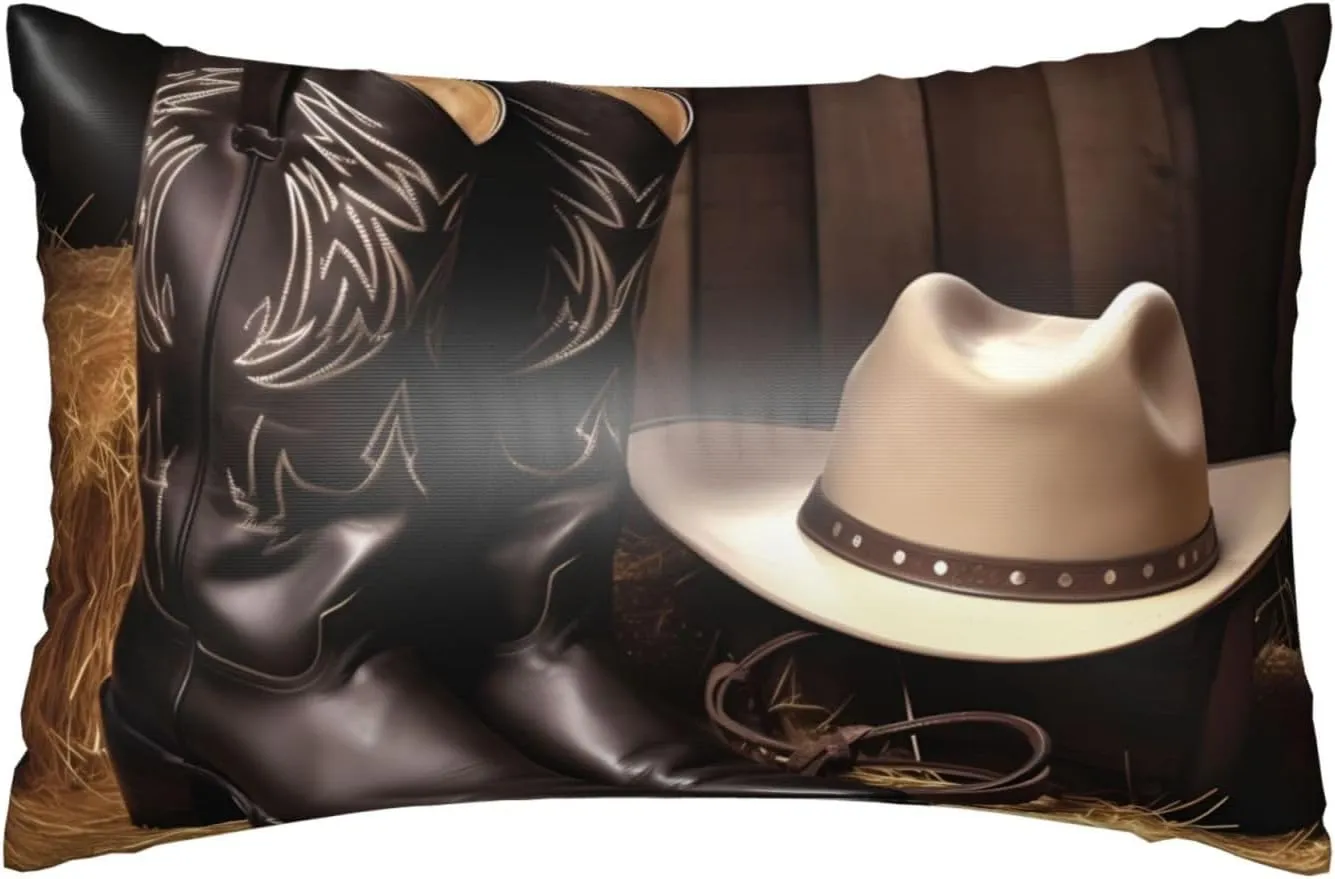 Satin Pillowcase for Hair and Skin Cowboy Black Hat Western Boots Silk Pillowcases Soft Breathable Pillow Covers Cooling Smooth Cushion Cover with Hidden Zipper for Bedroom Sofa 20" X 30"