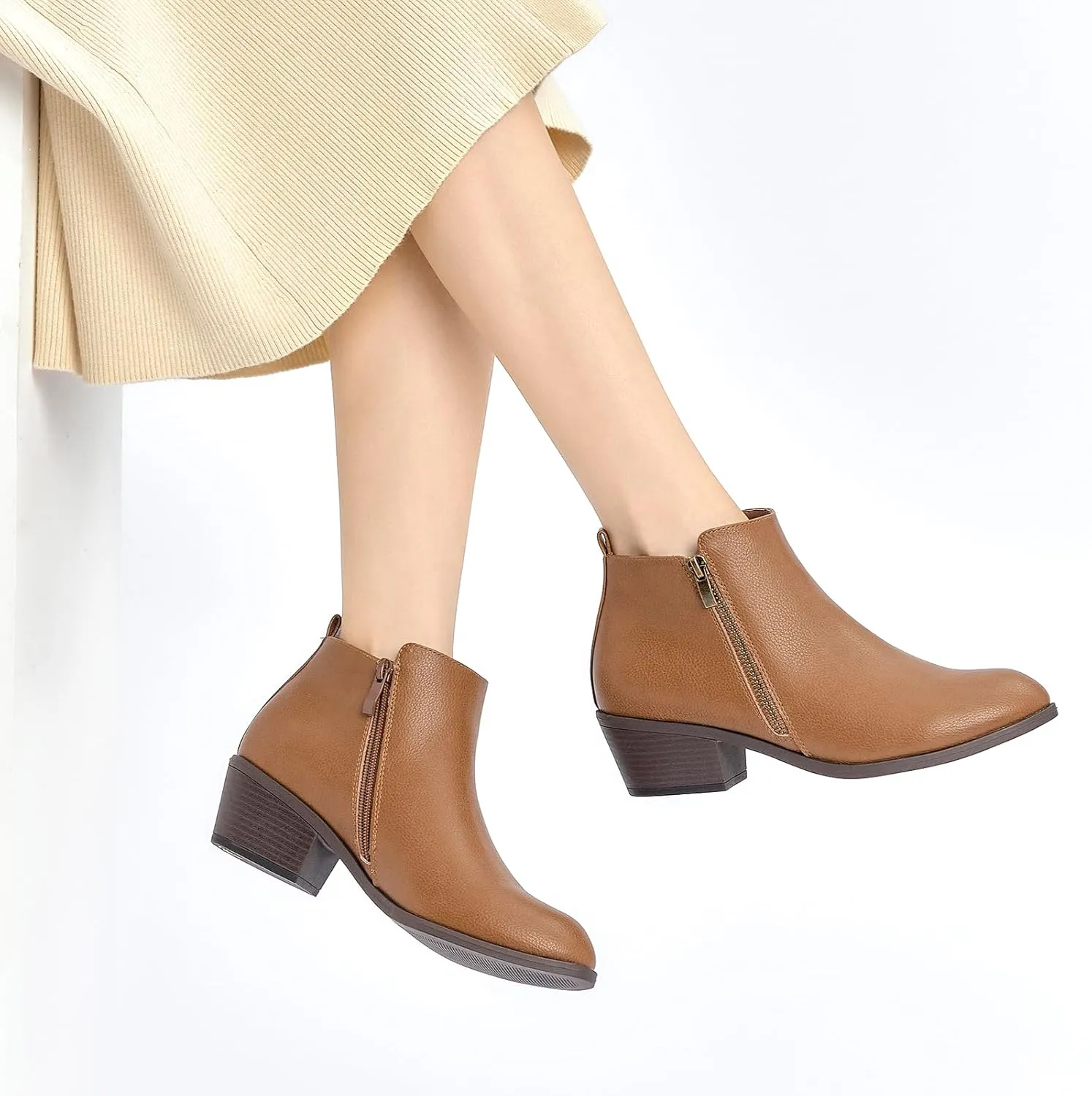 SelenePair Women's Classic Stacked Heel Ankle Boots Fashion Round Toe Suede Booties Ladies Side Zip Shoes