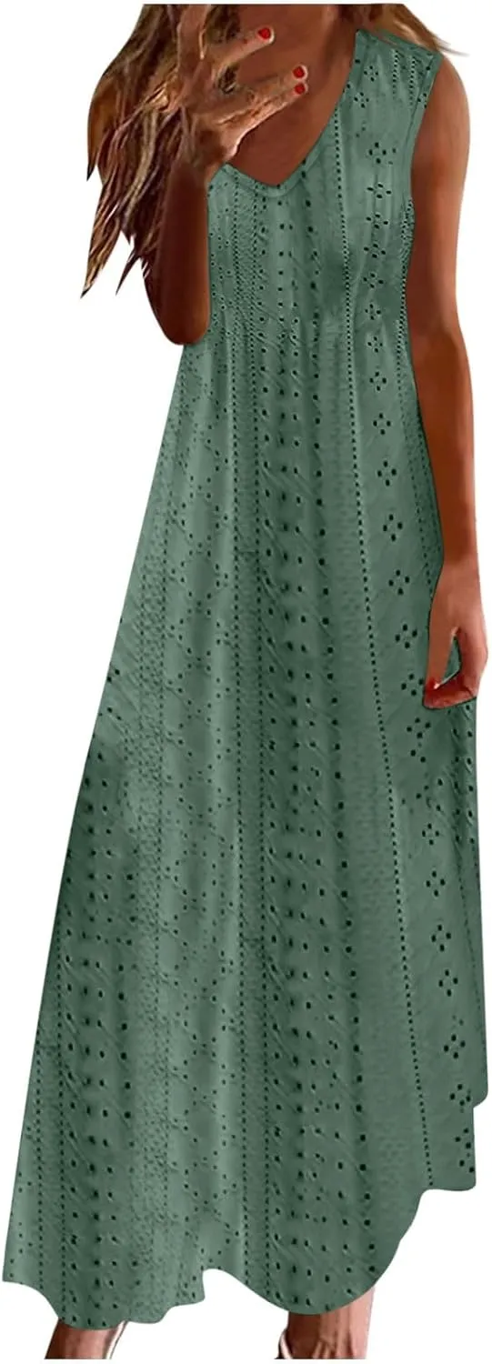 Sexy Elegant Lace Eyelet Maxi Dresses for Women 2024 Fashion Sleeveless Flowy Summer Dress Beach Vacation Sundresses
