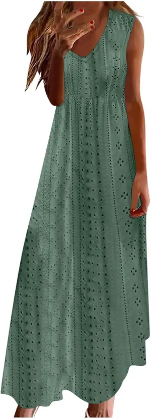 Sexy Elegant Lace Eyelet Maxi Dresses for Women 2024 Fashion Sleeveless Flowy Summer Dress Beach Vacation Sundresses