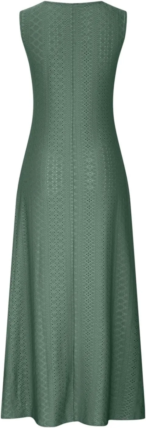 Sexy Elegant Lace Eyelet Maxi Dresses for Women 2024 Fashion Sleeveless Flowy Summer Dress Beach Vacation Sundresses