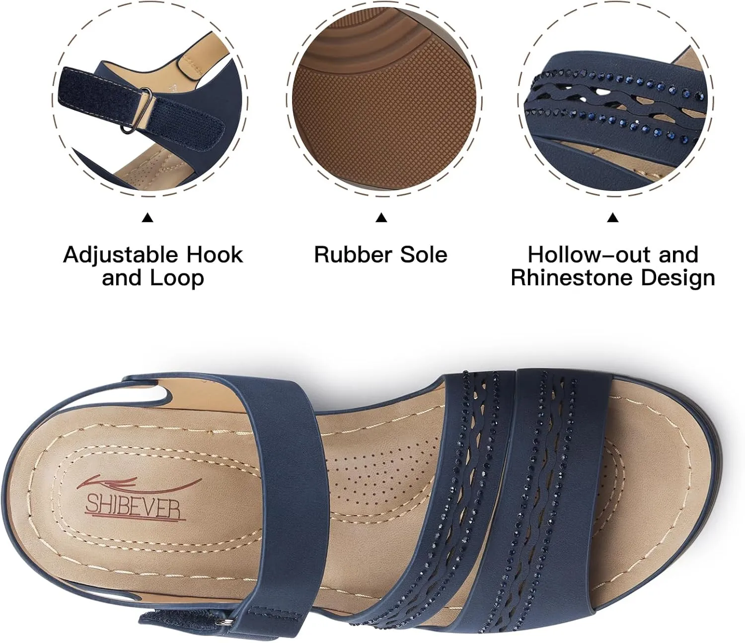 SHIBEVER Wedge Sandals for Women Dressy: Summer Walking Sandals Woman Comfortable - Casual Open Toe Rhinestone Low Wedge Shoes with Ankle Strap