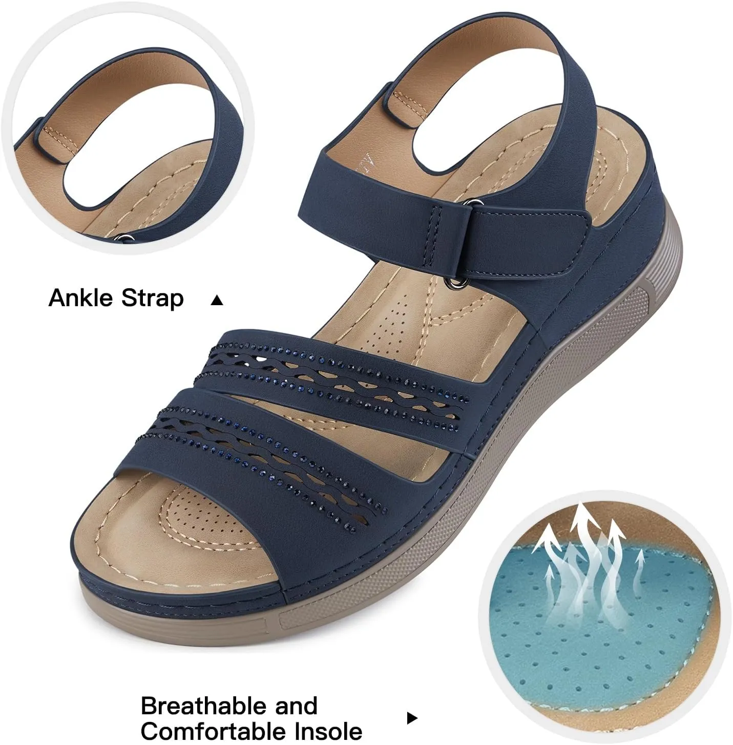 SHIBEVER Wedge Sandals for Women Dressy: Summer Walking Sandals Woman Comfortable - Casual Open Toe Rhinestone Low Wedge Shoes with Ankle Strap