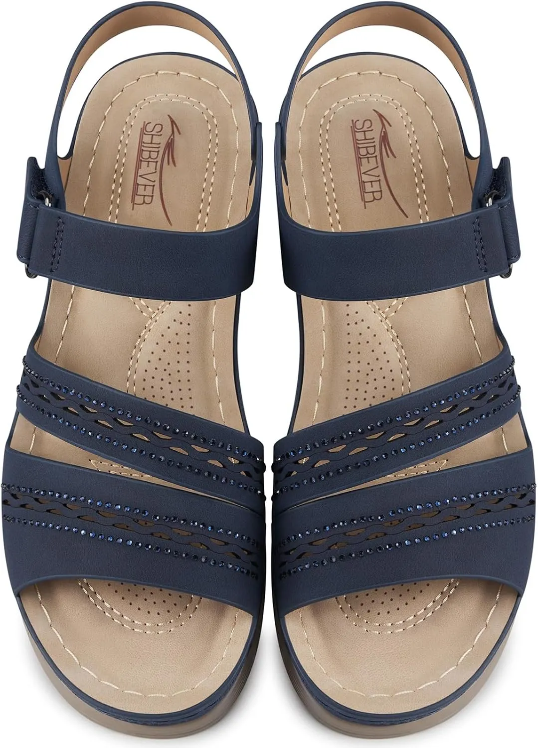 SHIBEVER Wedge Sandals for Women Dressy: Summer Walking Sandals Woman Comfortable - Casual Open Toe Rhinestone Low Wedge Shoes with Ankle Strap