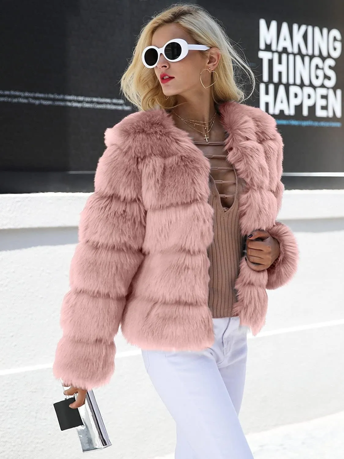 Simplee Women Luxury Winter Warm Fluffy Faux Fur Short Coat Jacket Parka Outwear
