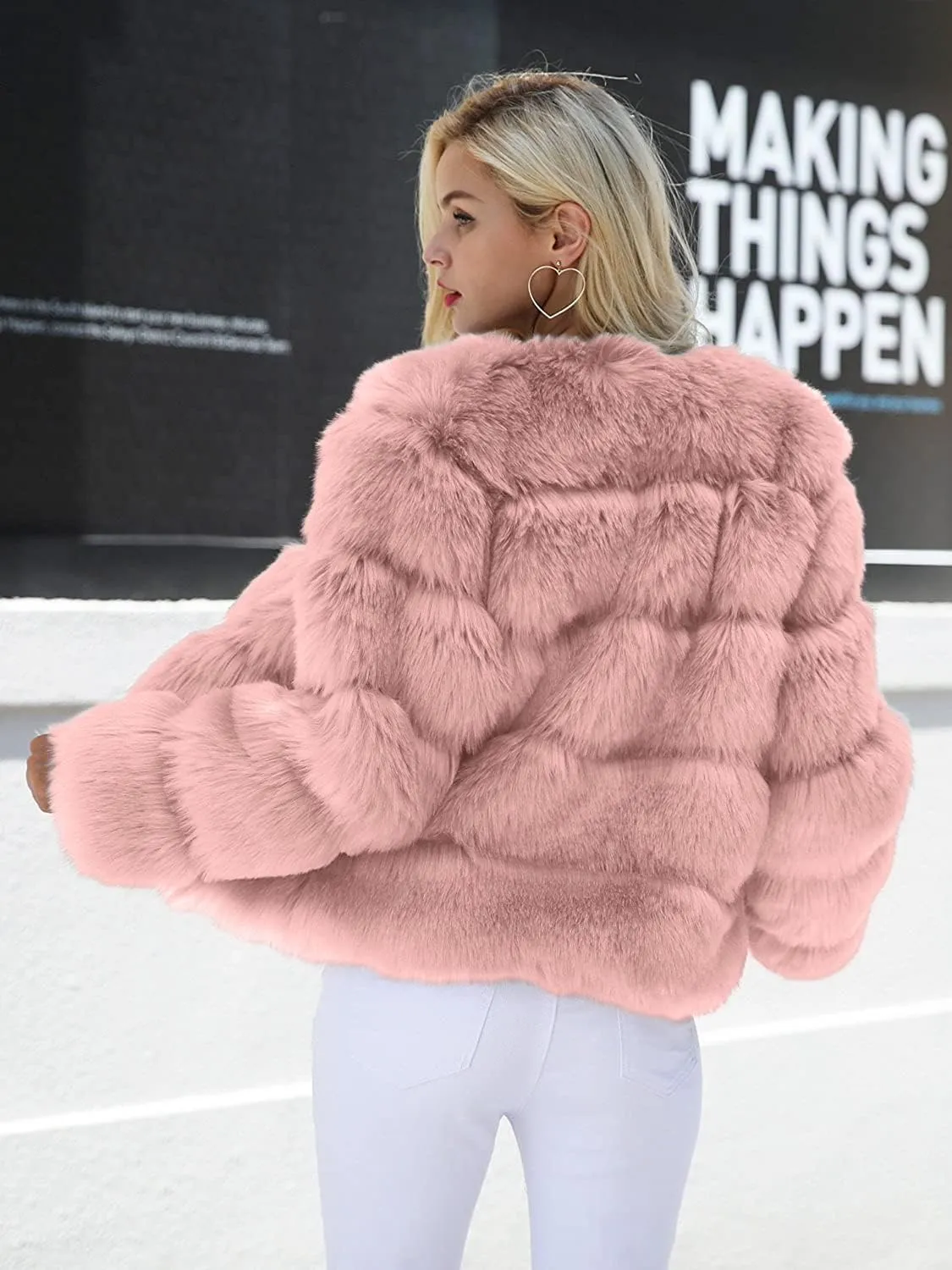 Simplee Women Luxury Winter Warm Fluffy Faux Fur Short Coat Jacket Parka Outwear