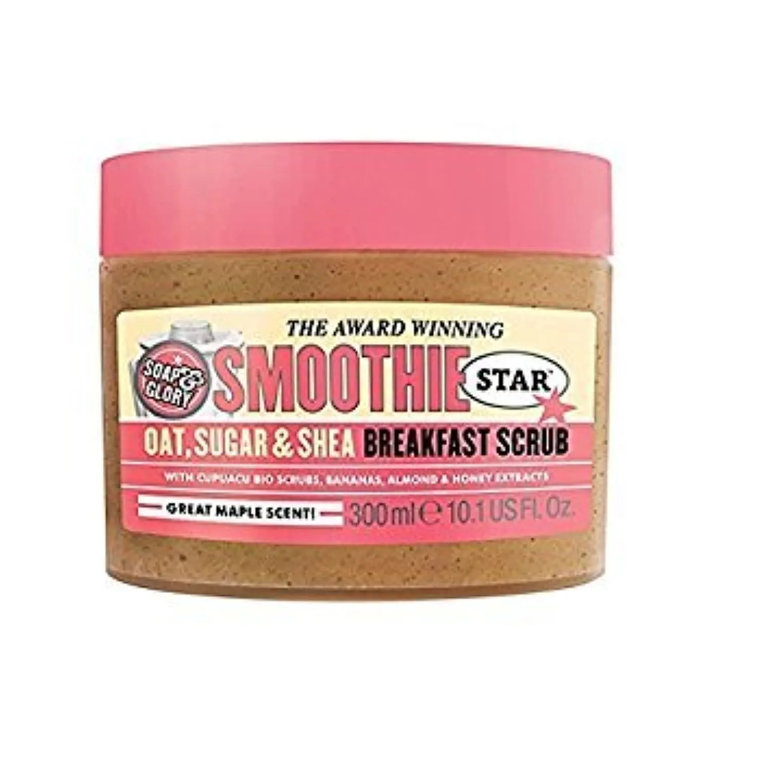 Soap & Glory Smoothie Star Exfoliating Body Scrub - Buff & Smooth Skin - Almond & Caramel Scented Vegan Body Polish - Brightening Scrub with Honey Extract   Sweet Almond Oil (300ml)