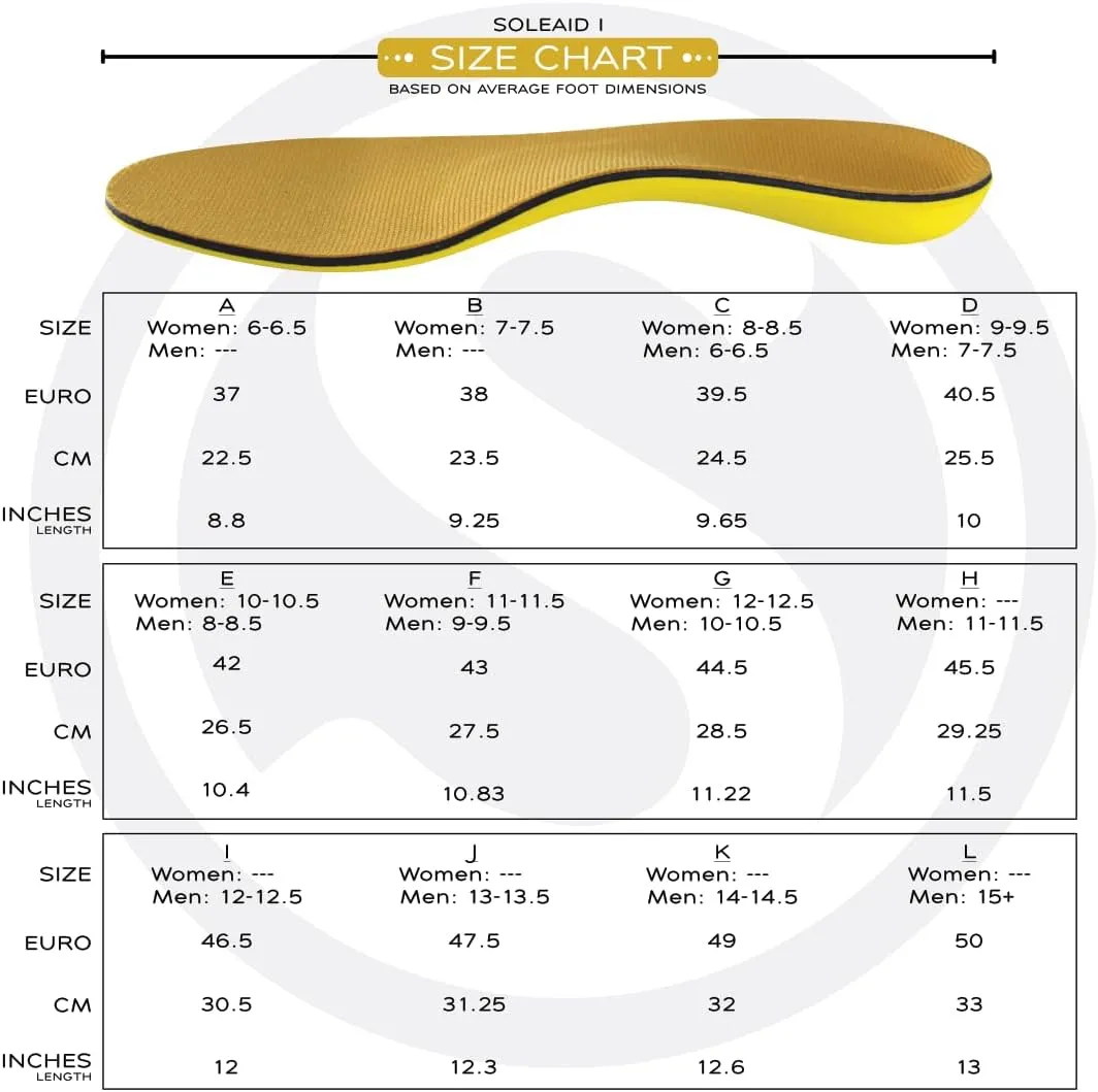 SoleAid I Performance Insole, Neutral Height Semi-Flex Arch Support Orthotic for Plantar Fasciitis Relief, Shock Absorbing, Anti-Fatigue, All Day Comfort Shoe Insert (Women 9-9.5 / Men 7-7.5)
