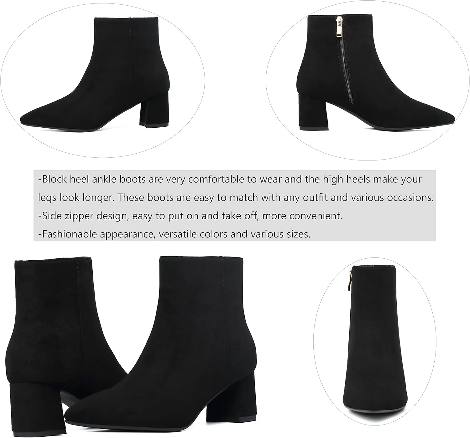 SoundSky Chunky Go Go Boots Women Pointed Toe Ankle Boots Block Heel Side Zipper High Heel Short Booties