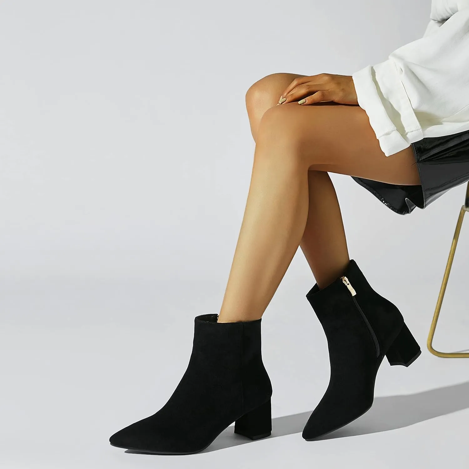 SoundSky Chunky Go Go Boots Women Pointed Toe Ankle Boots Block Heel Side Zipper High Heel Short Booties