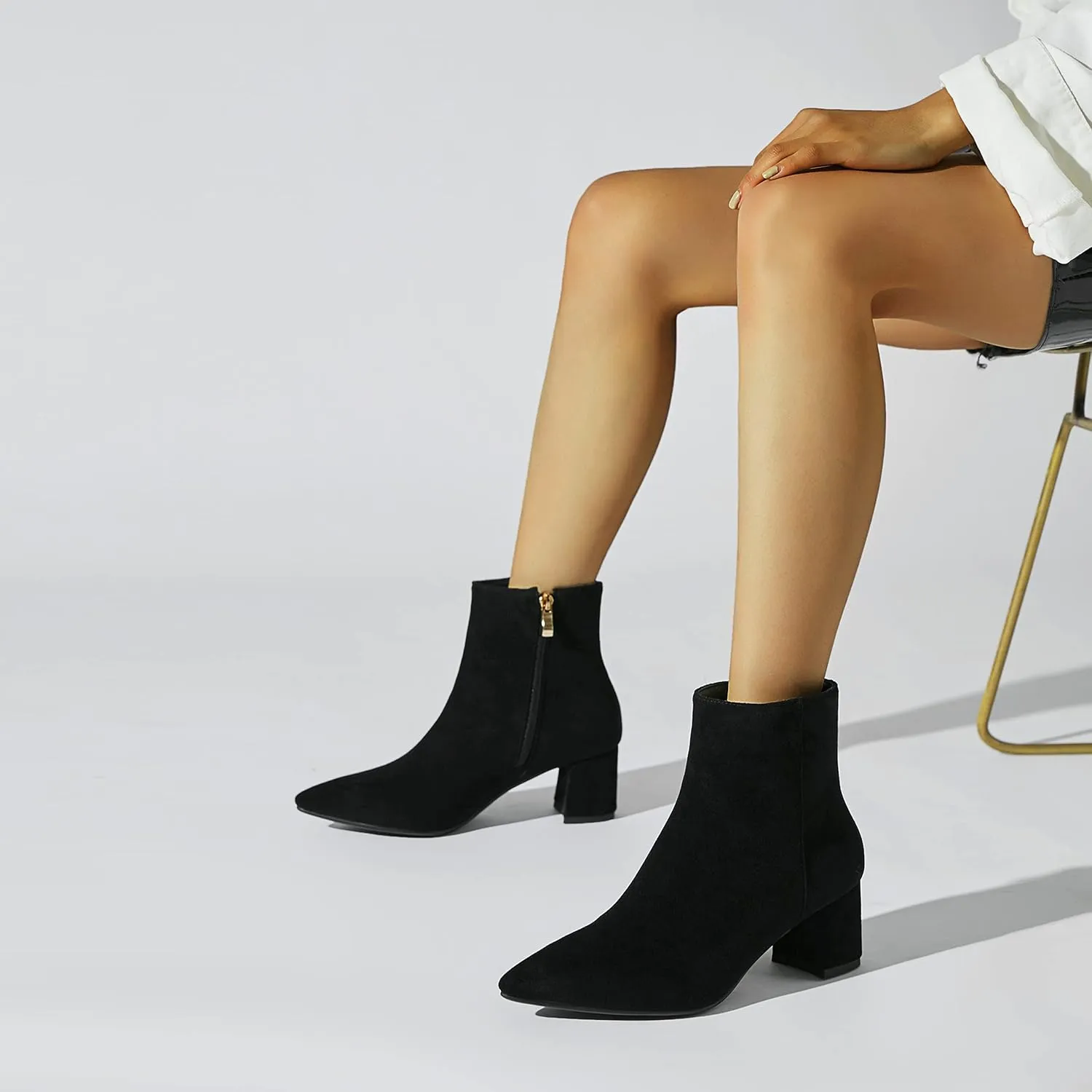 SoundSky Chunky Go Go Boots Women Pointed Toe Ankle Boots Block Heel Side Zipper High Heel Short Booties