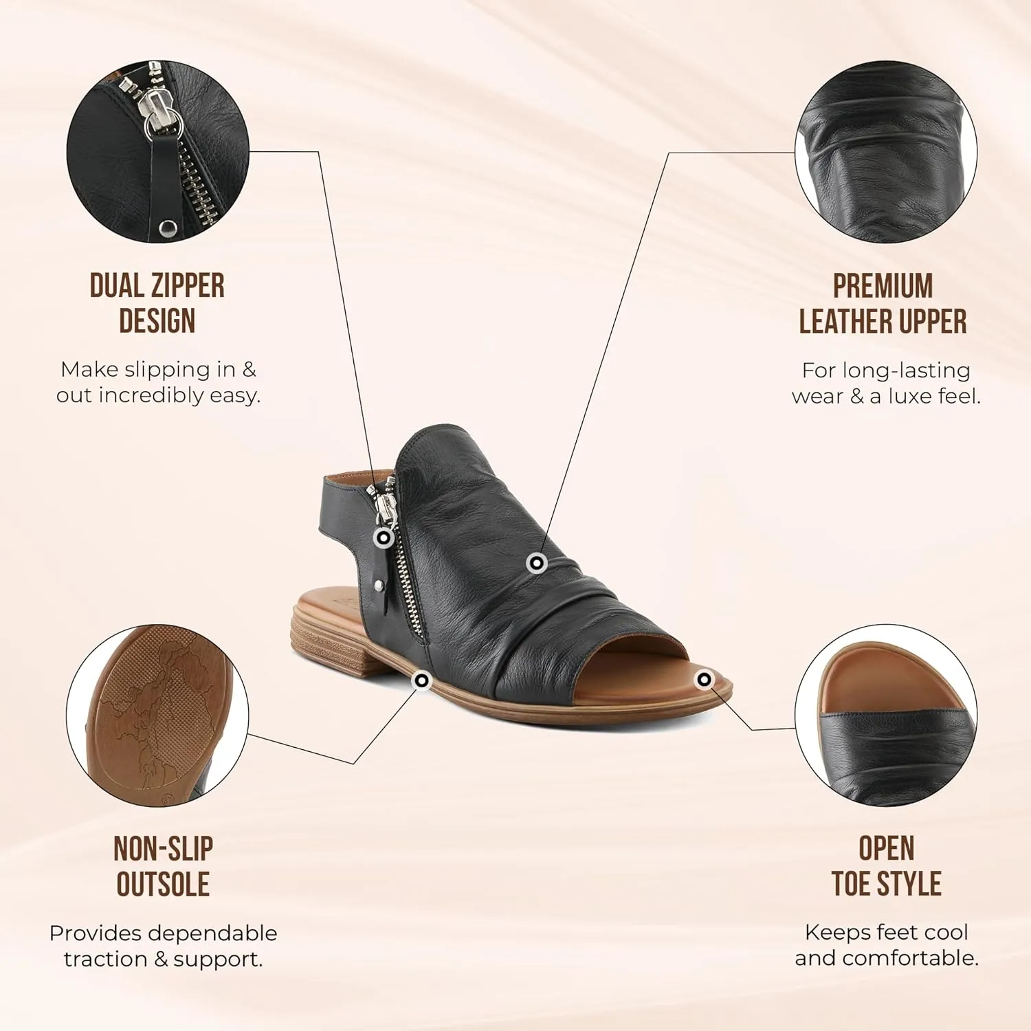 Spring Step Jalaya Women's Leather Sandals with Dual Zippers & Cushioned Sole