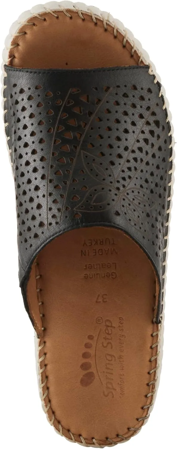 Spring Step Women's RHYDIAN Slip-On Leather Wedge Sandals – Perforated Flower Design, Cushioned Footbed, Made in Turkey