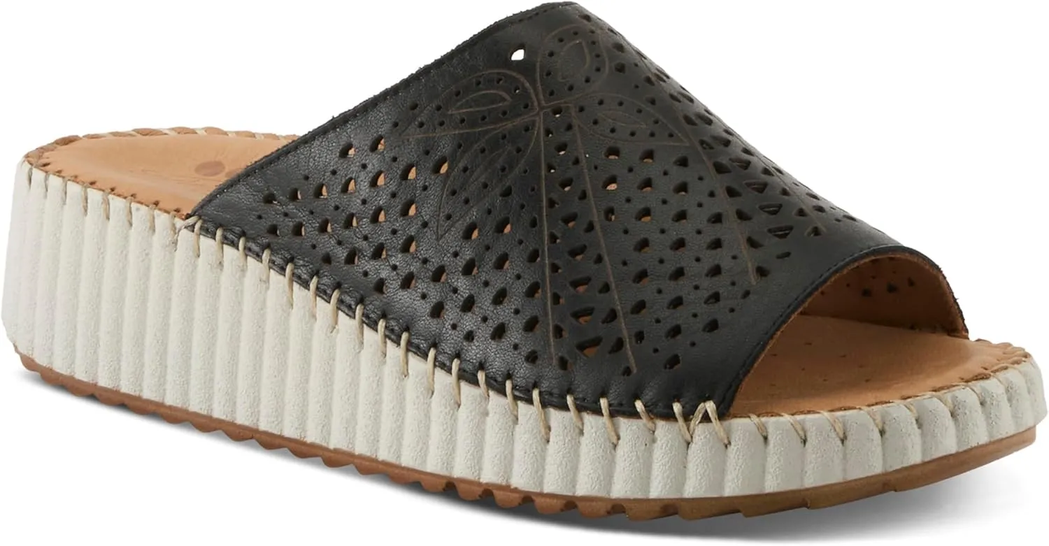 Spring Step Women's RHYDIAN Slip-On Leather Wedge Sandals – Perforated Flower Design, Cushioned Footbed, Made in Turkey