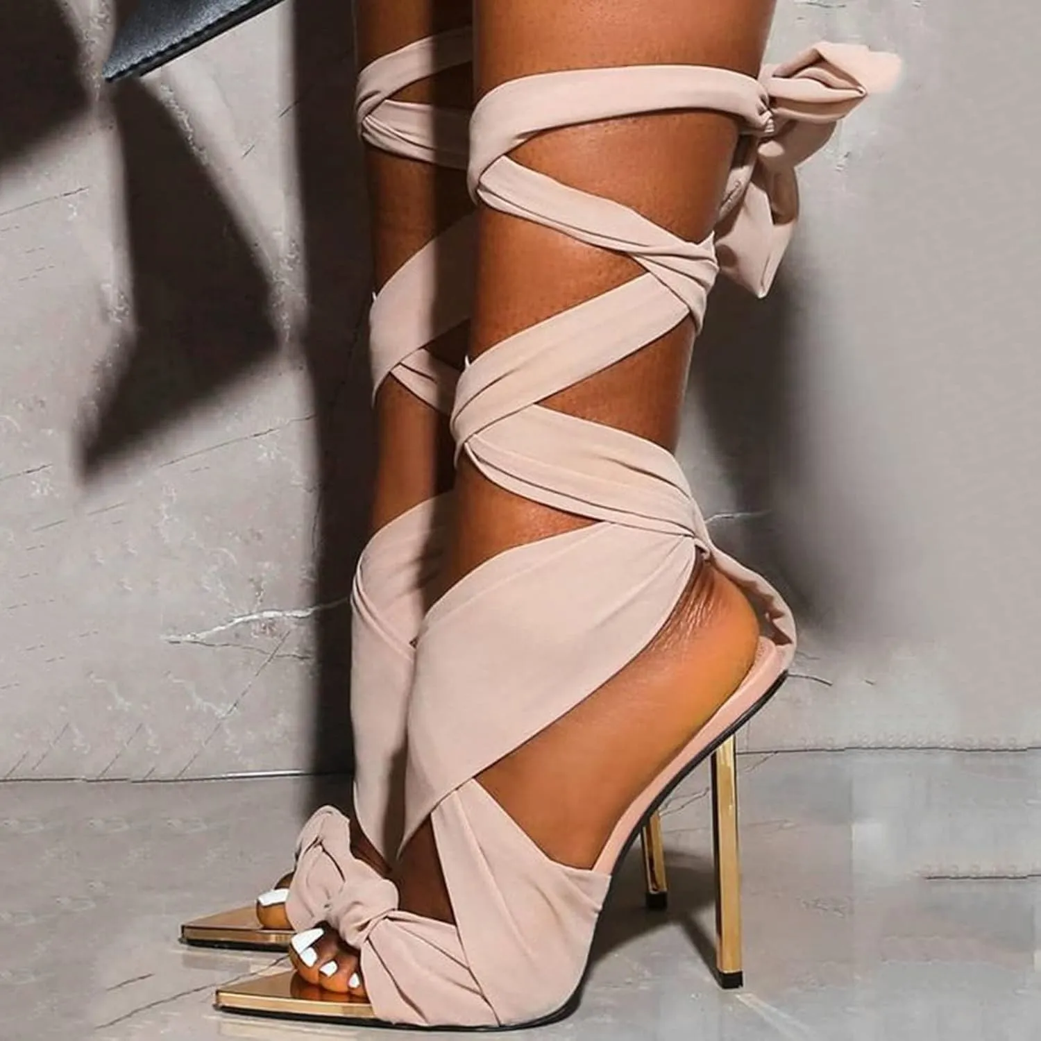 Stiletto Sandals for Women Fashion Casual Cross Straps Lace up Hollow Thin High Heel Shoes Summer Solid Pointed Toe Open Toe Heeled Sandals
