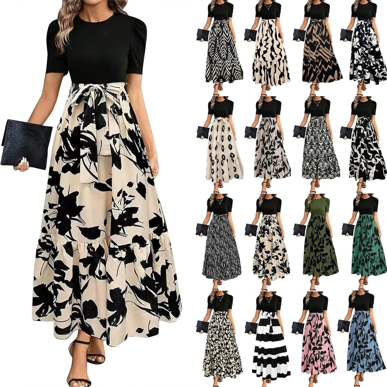 Summer Dresses for Women Puff Sleeve Flowy Floral Dress Casual Maxi Dress with Belt Elegant Sundress Long Dresses