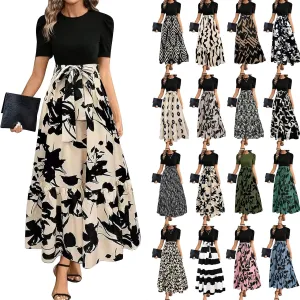 Summer Dresses for Women Puff Sleeve Flowy Floral Dress Casual Maxi Dress with Belt Elegant Sundress Long Dresses