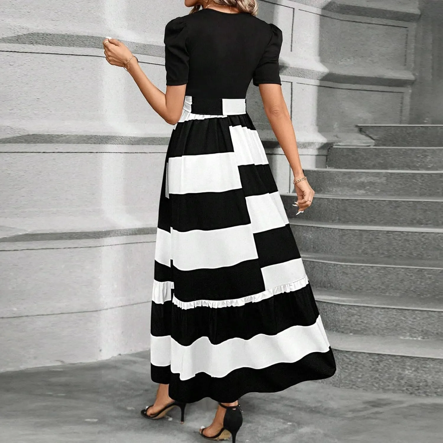 Summer Dresses for Women Puff Sleeve Flowy Floral Dress Casual Maxi Dress with Belt Elegant Sundress Long Dresses