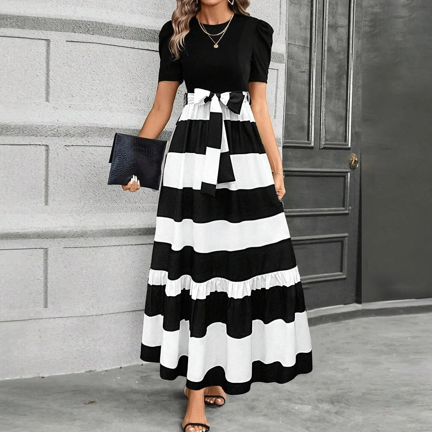 Summer Dresses for Women Puff Sleeve Flowy Floral Dress Casual Maxi Dress with Belt Elegant Sundress Long Dresses