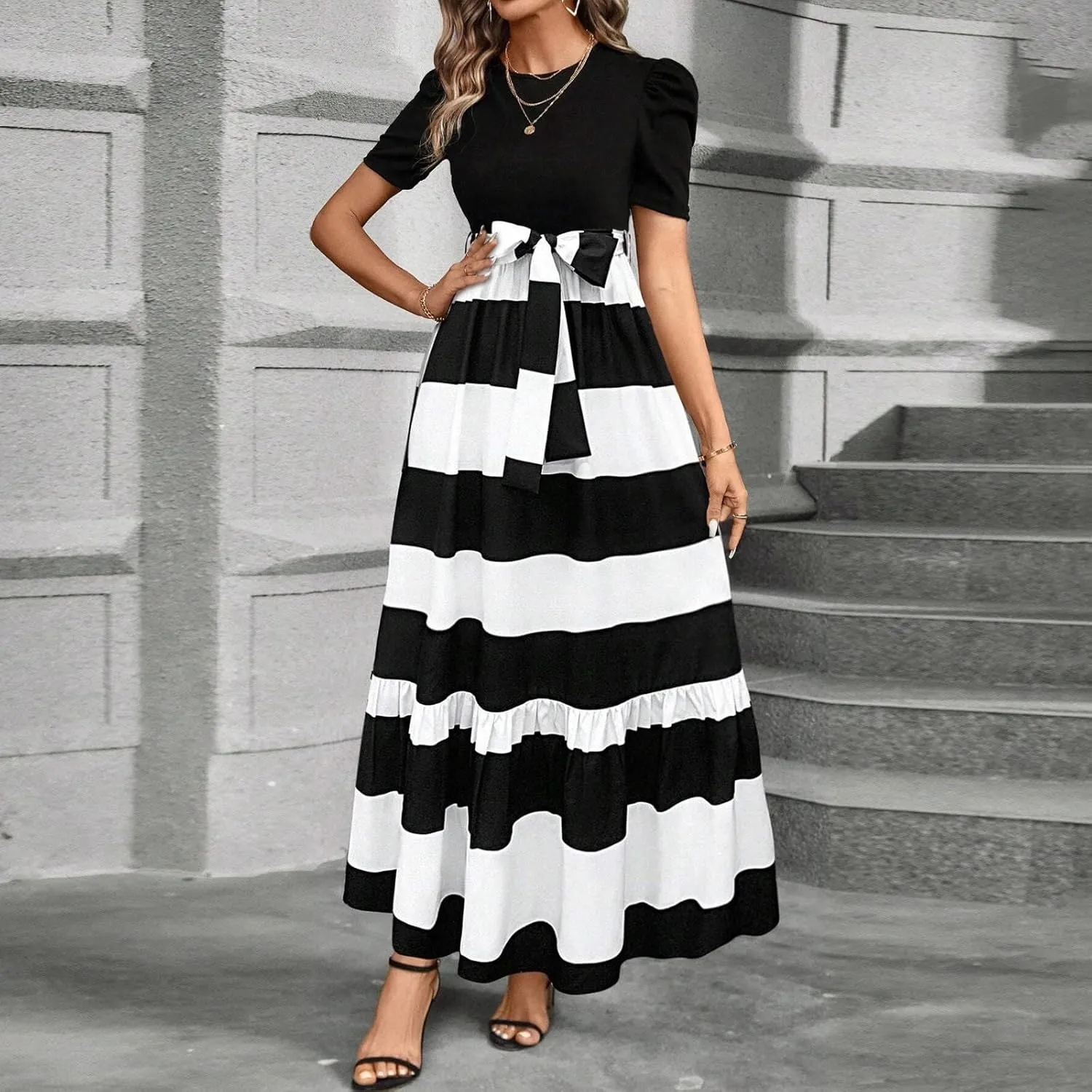 Summer Dresses for Women Puff Sleeve Flowy Floral Dress Casual Maxi Dress with Belt Elegant Sundress Long Dresses