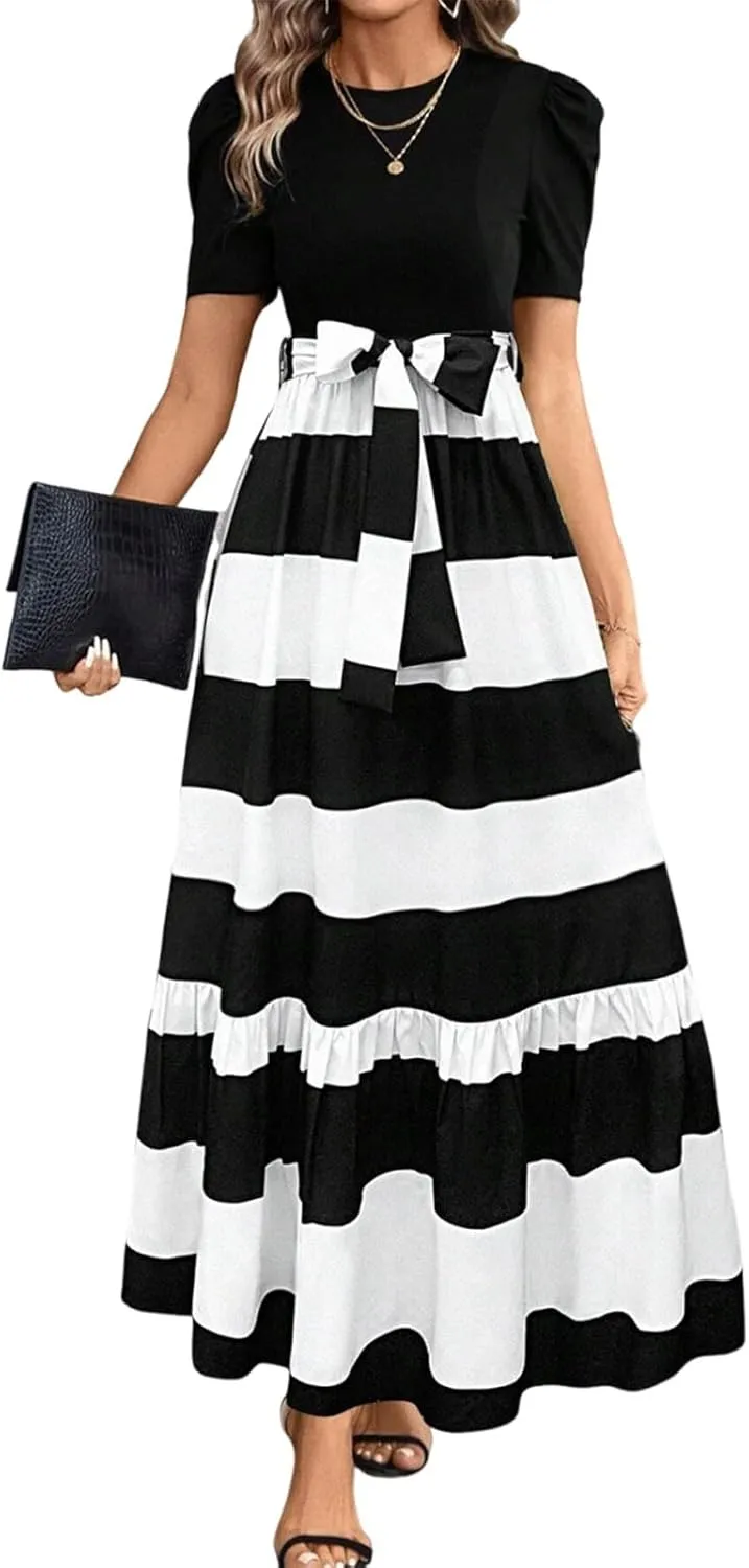 Summer Dresses for Women Puff Sleeve Flowy Floral Dress Casual Maxi Dress with Belt Elegant Sundress Long Dresses