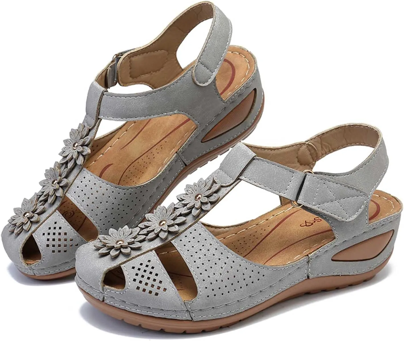 Summer Hollow Sandals for Women Fashion Flower Round Toe Strap Buckle Soft Sole Shoes Ladies Girl Comfortable Wedge Sandals
