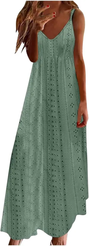 Summer Maxi Dresses for Women 2024 Sexy Lace Eyelet Sleeveless v Neck Long Dress Spaghetti Strap Flowy Beach Sundress