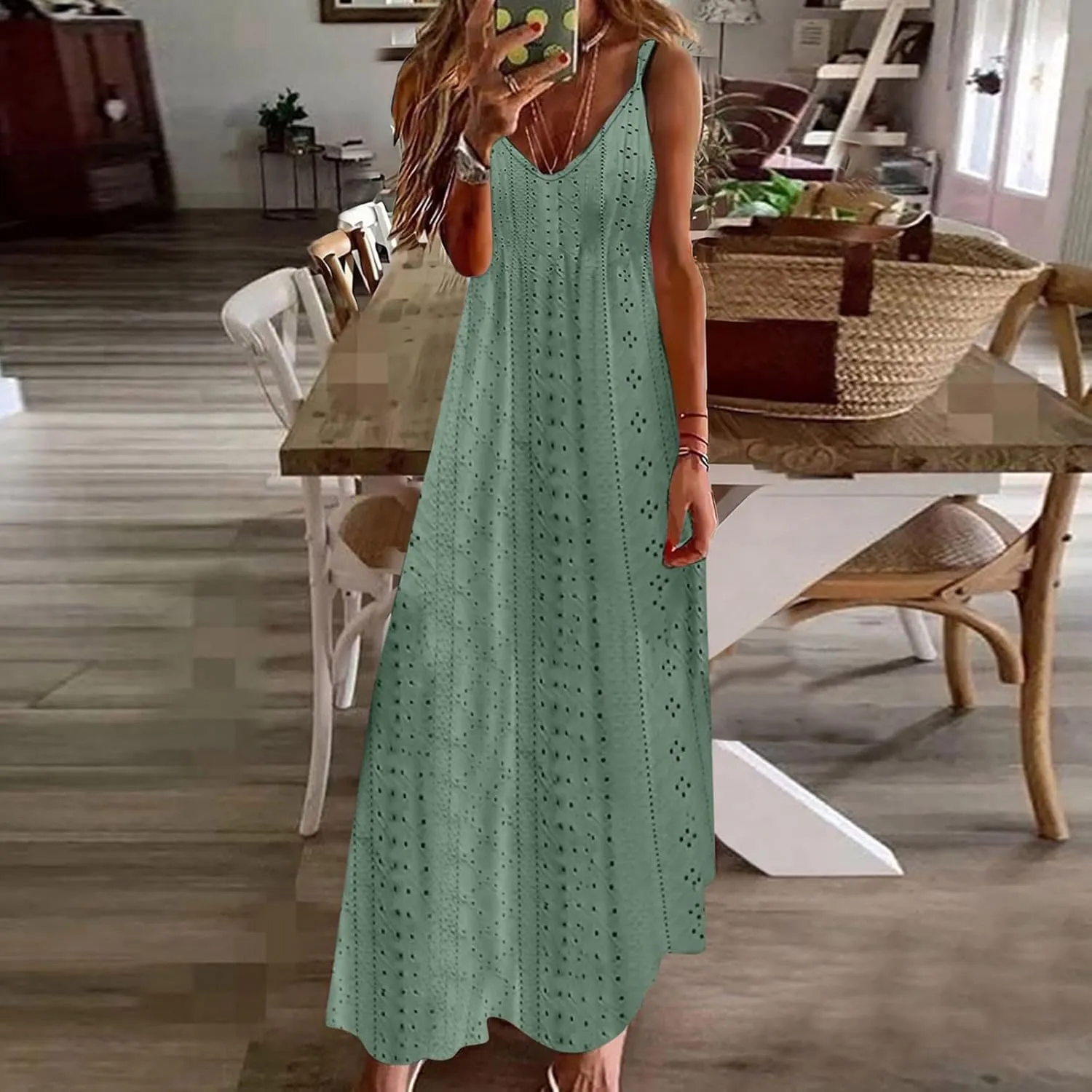 Summer Maxi Dresses for Women 2024 Sexy Lace Eyelet Sleeveless v Neck Long Dress Spaghetti Strap Flowy Beach Sundress