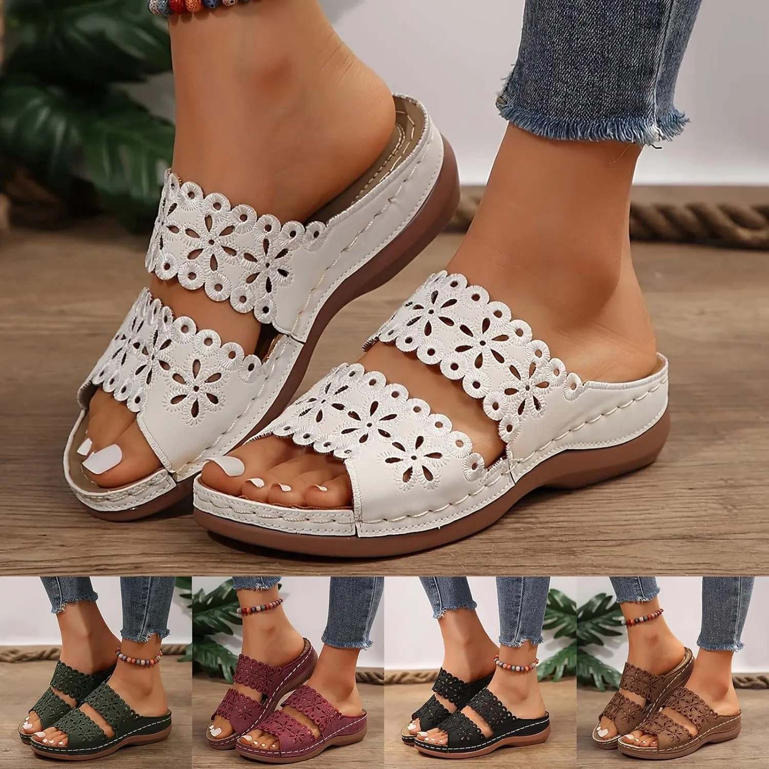 Summer Sandals for Women 2025,Two Flower Cutout Strap Orthopedic Peep Toe Wide Width Slip On Slides Ladies Low Wedge Heel Comfy Cushioned Footbed Arch Support Recovery Mules Casual Shoes