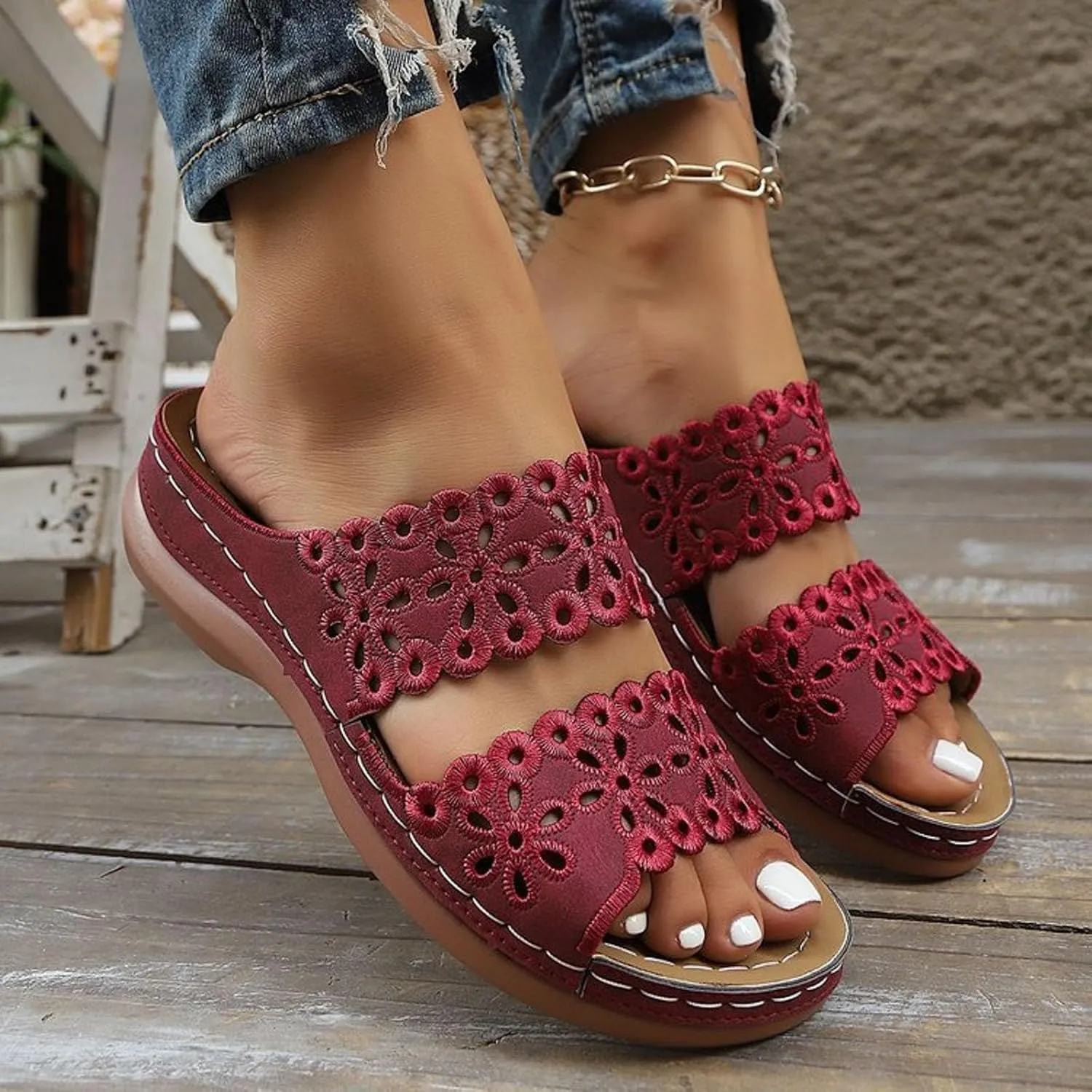 Summer Sandals for Women 2025,Two Flower Cutout Strap Orthopedic Peep Toe Wide Width Slip On Slides Ladies Low Wedge Heel Comfy Cushioned Footbed Arch Support Recovery Mules Casual Shoes