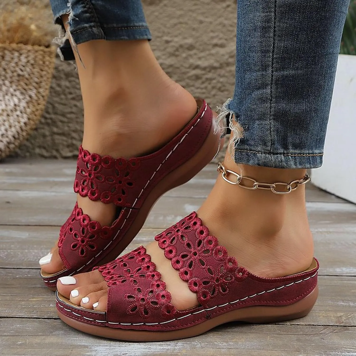 Summer Sandals for Women 2025,Two Flower Cutout Strap Orthopedic Peep Toe Wide Width Slip On Slides Ladies Low Wedge Heel Comfy Cushioned Footbed Arch Support Recovery Mules Casual Shoes