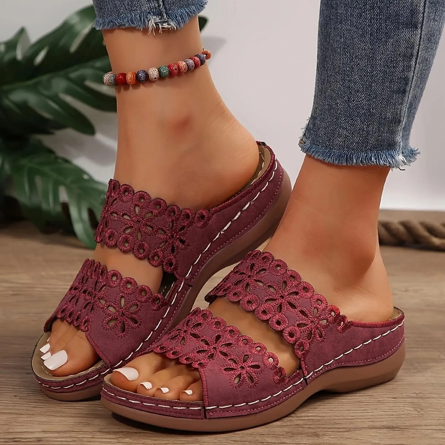 Summer Sandals for Women 2025,Two Flower Cutout Strap Orthopedic Peep Toe Wide Width Slip On Slides Ladies Low Wedge Heel Comfy Cushioned Footbed Arch Support Recovery Mules Casual Shoes