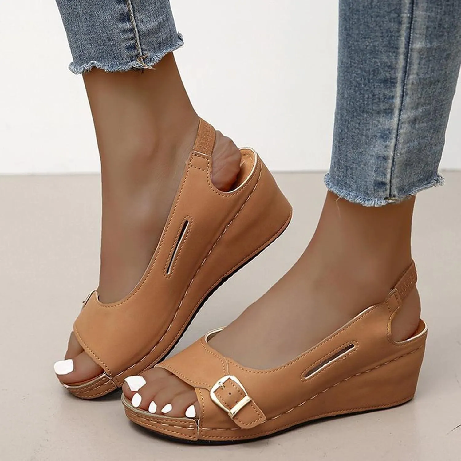 Summer Wedge Sandals for Women,Fashion Casual Fish Mouth Open Toe Buckle Hollow Roman Sandals Solid Comfortable Outdoor Ladies Shoes Sandalias