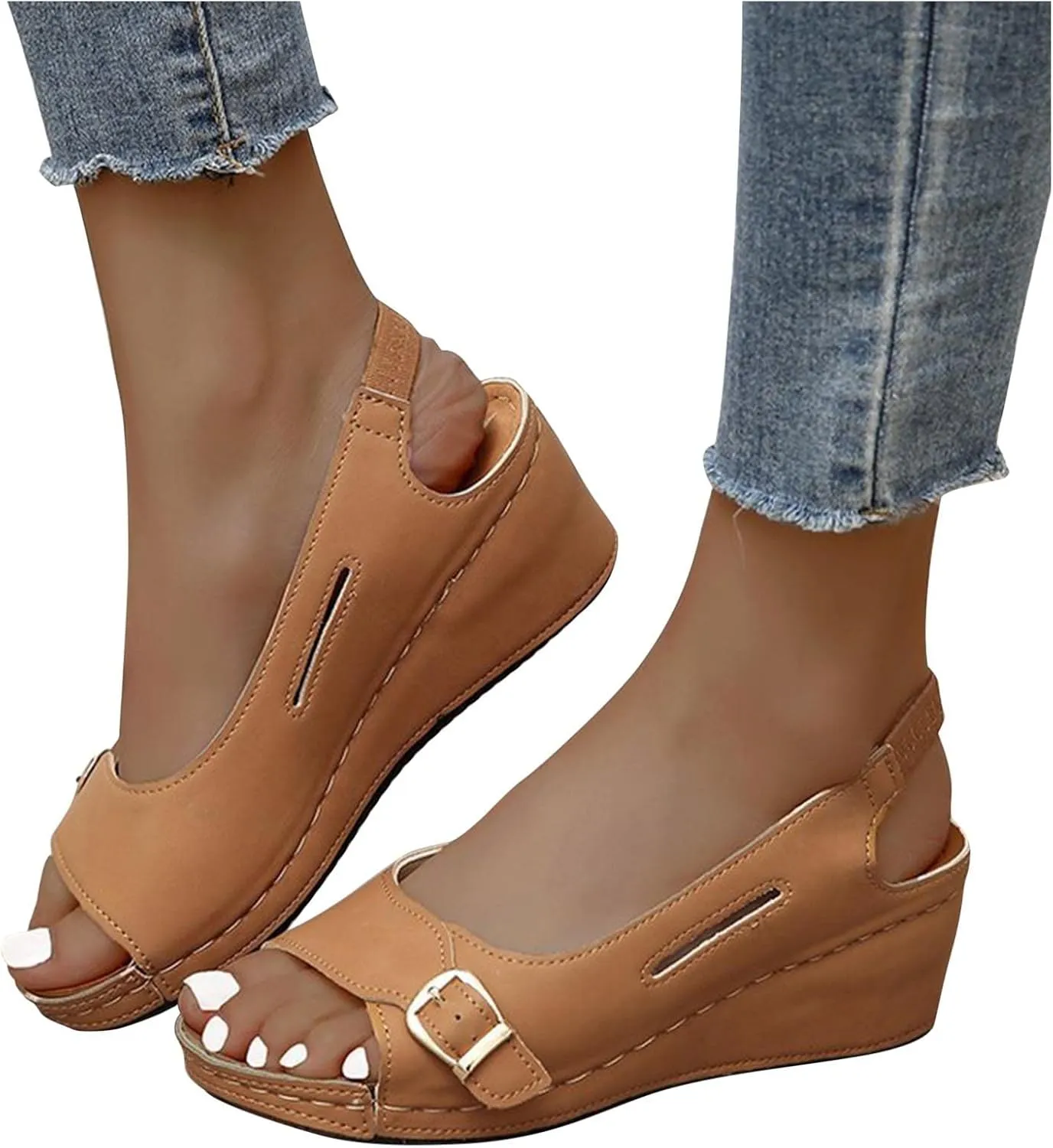 Summer Wedge Sandals for Women,Fashion Casual Fish Mouth Open Toe Buckle Hollow Roman Sandals Solid Comfortable Outdoor Ladies Shoes Sandalias