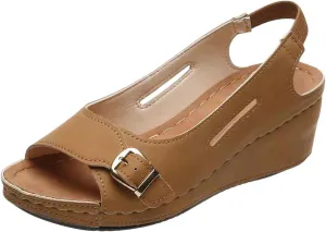 Summer Wedge Sandals for Women,Fashion Casual Fish Mouth Open Toe Buckle Hollow Roman Sandals Solid Comfortable Outdoor Ladies Shoes Sandalias