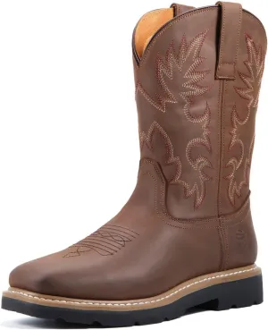 SUREWAY Men's Western Cowboy Boots-Soft Toe,Waterproof Square Toe Work Boots for Men,Comfortable & Durable,Oil/Slip Resistant,Thicker Leather,Rubber Sole,Work Shoes With Embroidered