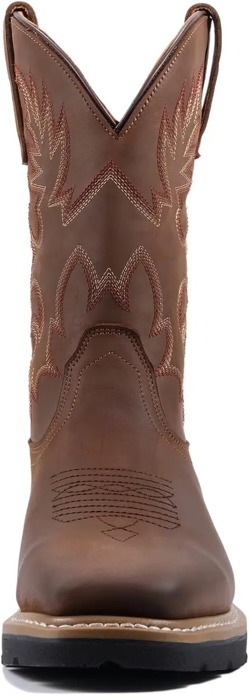 SUREWAY Men's Western Cowboy Boots-Soft Toe,Waterproof Square Toe Work Boots for Men,Comfortable & Durable,Oil/Slip Resistant,Thicker Leather,Rubber Sole,Work Shoes With Embroidered