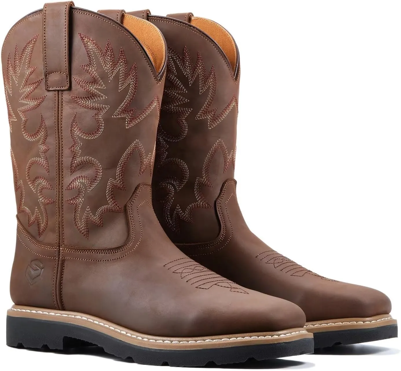 SUREWAY Men's Western Cowboy Boots-Soft Toe,Waterproof Square Toe Work Boots for Men,Comfortable & Durable,Oil/Slip Resistant,Thicker Leather,Rubber Sole,Work Shoes With Embroidered