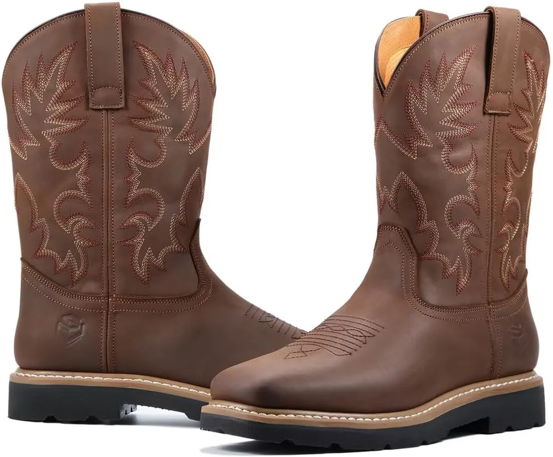SUREWAY Men's Western Cowboy Boots-Soft Toe,Waterproof Square Toe Work Boots for Men,Comfortable & Durable,Oil/Slip Resistant,Thicker Leather,Rubber Sole,Work Shoes With Embroidered