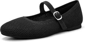Tanamo Mary Jane Shoes Flats for Women Round Toe Shoes Ballet Flats Comfortable Dressy Adjustable Straps Casual Office Work Wedding Washable Knit Slip On