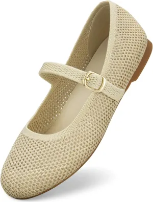 Tanamo Mary Jane Shoes Flats for Women Round Toe Shoes Ballet Flats Comfortable Dressy Adjustable Straps Casual Office Work Wedding Washable Knit Slip On