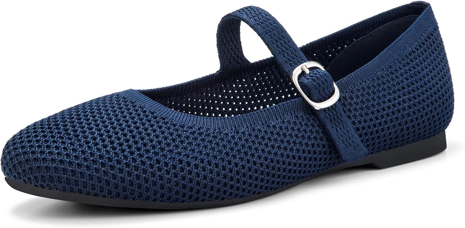 Tanamo Mary Jane Shoes Flats for Women Round Toe Shoes Ballet Flats Comfortable Dressy Adjustable Straps Casual Office Work Wedding Washable Knit Slip On