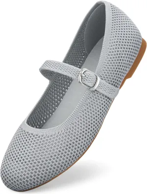 Tanamo Mary Jane Shoes Flats for Women Round Toe Shoes Ballet Flats Comfortable Dressy Adjustable Straps Casual Office Work Wedding Washable Knit Slip On