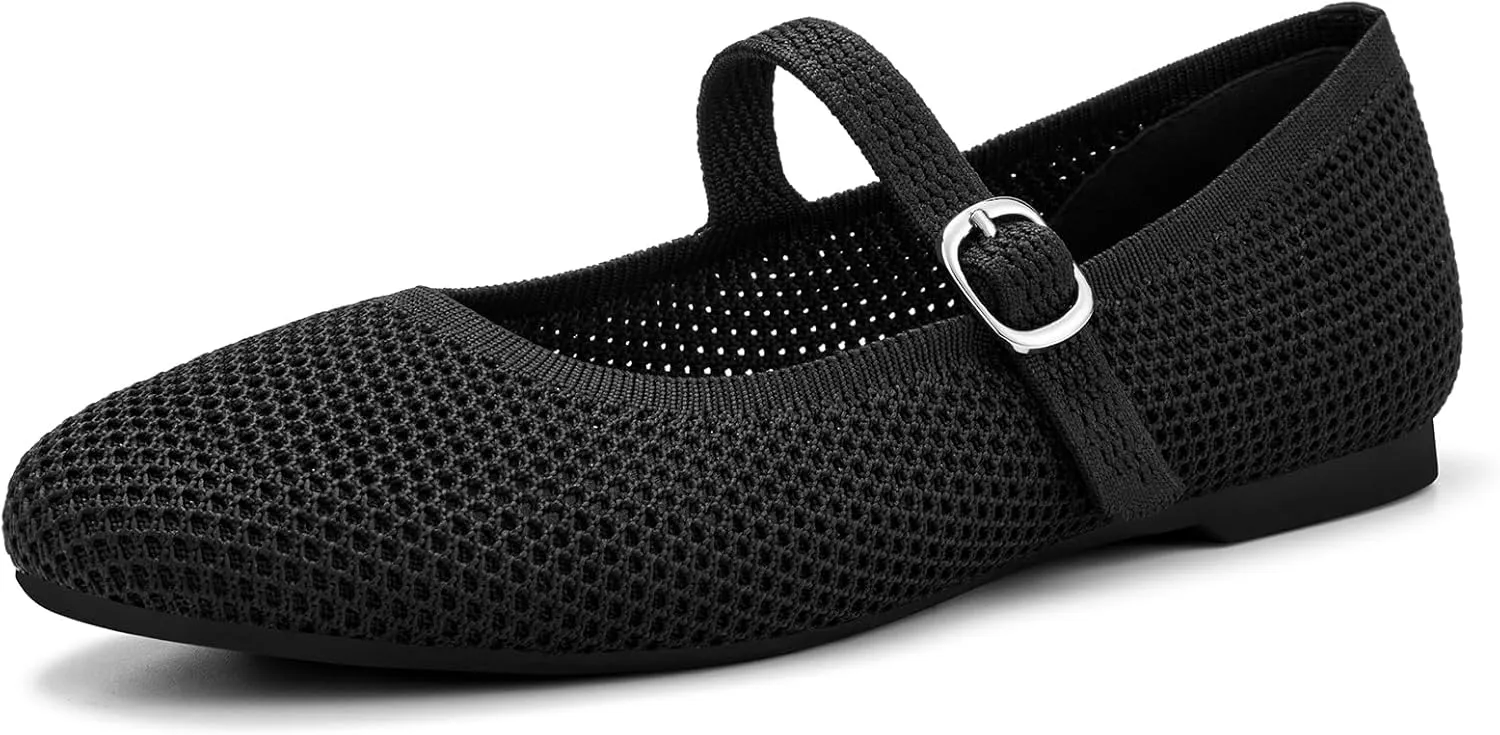 Tanamo Mary Jane Shoes Flats for Women Round Toe Shoes Ballet Flats Comfortable Dressy Adjustable Straps Casual Office Work Wedding Washable Knit Slip On