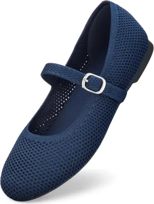 Tanamo Mary Jane Shoes Flats for Women Round Toe Shoes Ballet Flats Comfortable Dressy Adjustable Straps Casual Office Work Wedding Washable Knit Slip On
